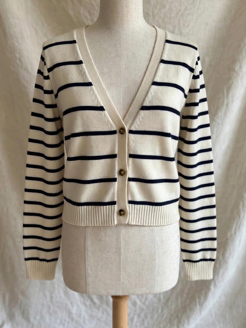 LA LIGNE Block Stripe Cardigan Cream Navy Size L NWT $295 Cropped Cashmere